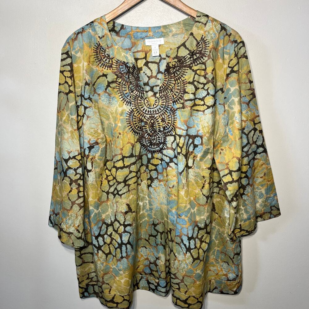 Charter Club Woman Tunic Boho Multi Color Embroidered Studded Aztec Casual 3X
